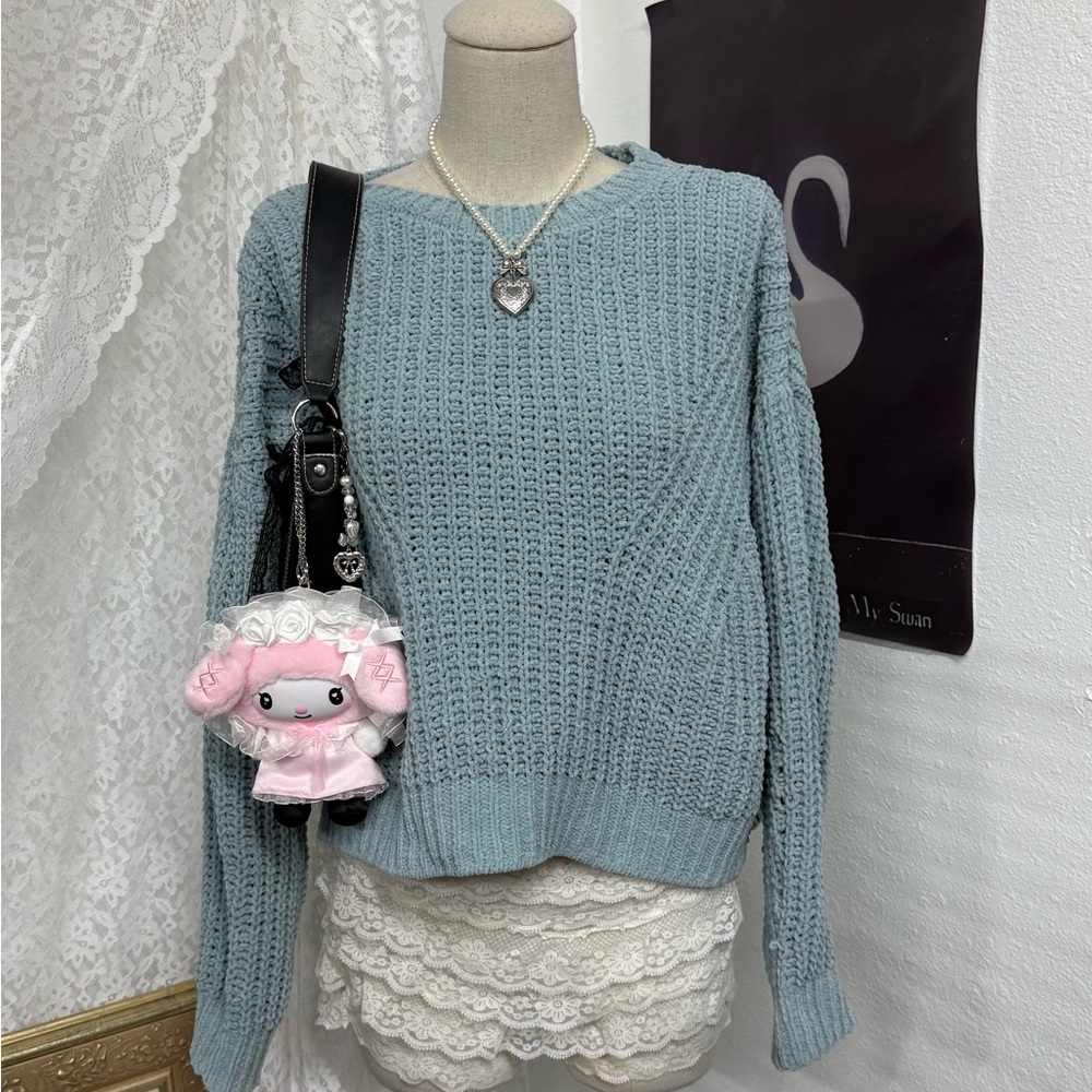 SO Women's Textured Knit Sweater - Soft Blue